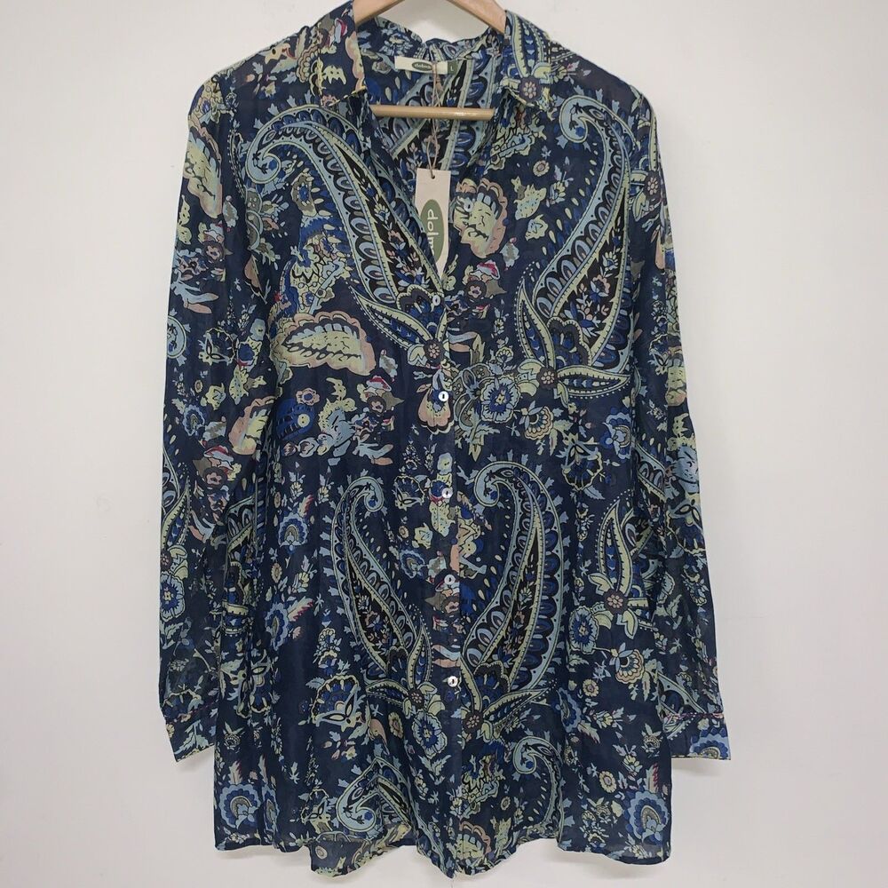 NWT DOLMA 100% Cotton Blue paisley Shirt Dress Sz L Semi-Sheer Beach Boho Hippy